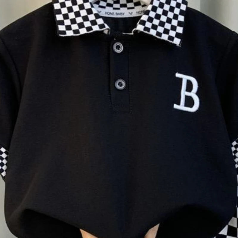 Summer Teenage Boy Clothes Set Cartoon Plaid Short Sleeve Lapel Shirts and Shorts Suit Children's Boys Top and Bottom Streetwear