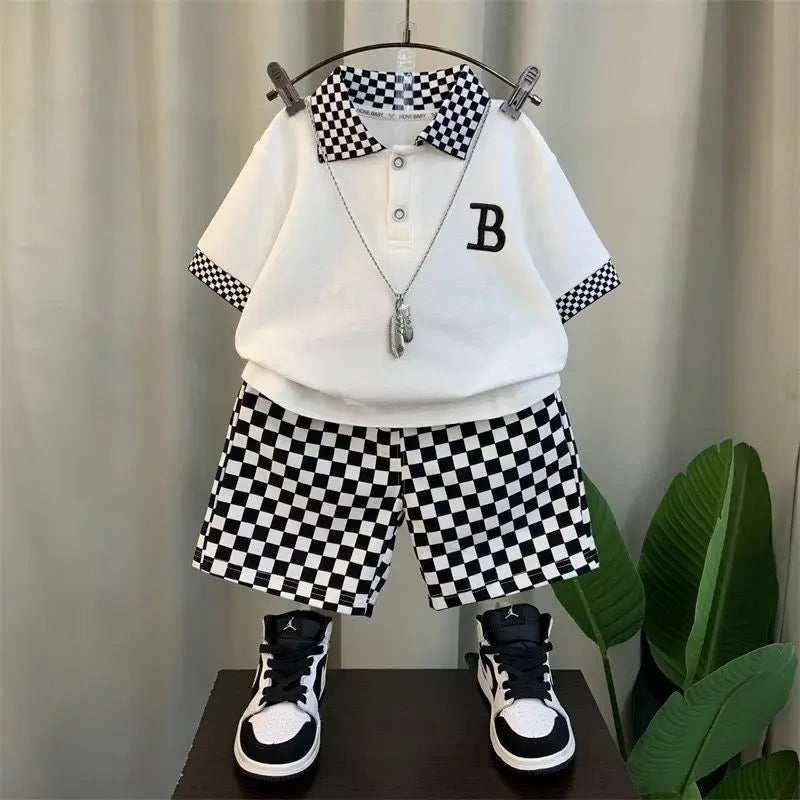 Summer Teenage Boy Clothes Set Cartoon Plaid Short Sleeve Lapel Shirts and Shorts Suit Children's Boys Top and Bottom Streetwear