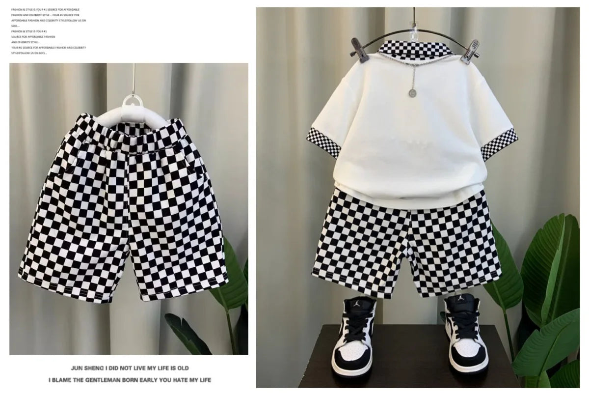 Summer Teenage Boy Clothes Set Cartoon Plaid Short Sleeve Lapel Shirts and Shorts Suit Children's Boys Top and Bottom Streetwear
