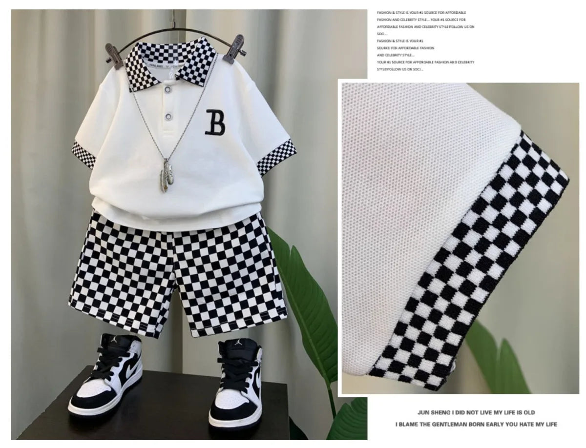 Summer Teenage Boy Clothes Set Cartoon Plaid Short Sleeve Lapel Shirts and Shorts Suit Children's Boys Top and Bottom Streetwear