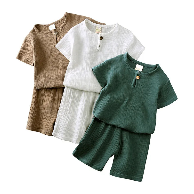 0-6Y Boys Girls Muslin Clothing Sets Summer Solid Cotton Linen T-shirts+Shorts 2Pcs Outfit Kids Clothes Casual Sets for Children