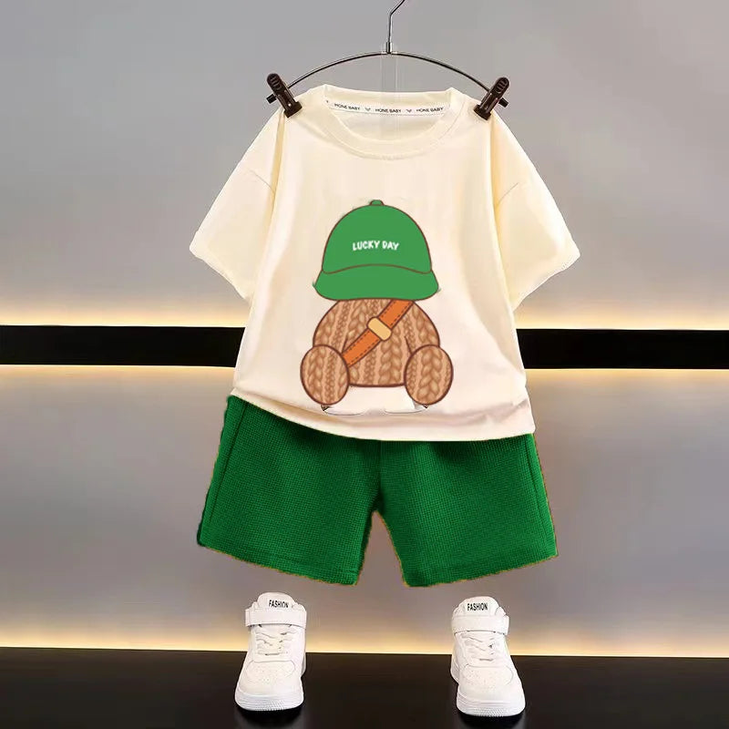 Korean Children Summer Sets Girl Boy Short Sleeved Shorts Suit Child Clothing Fashion Tee Soild Color Pant Outfits Kids Costume