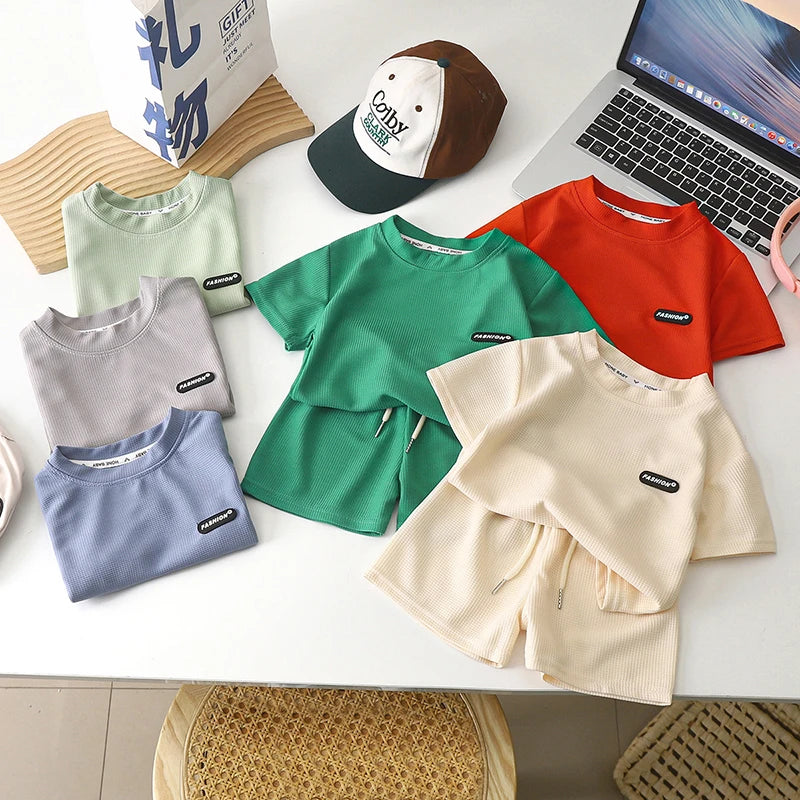 Korean Children Summer Sets Girl Boy Short Sleeved Shorts Suit Child Clothing Fashion Tee Soild Color Pant Outfits Kids Costume