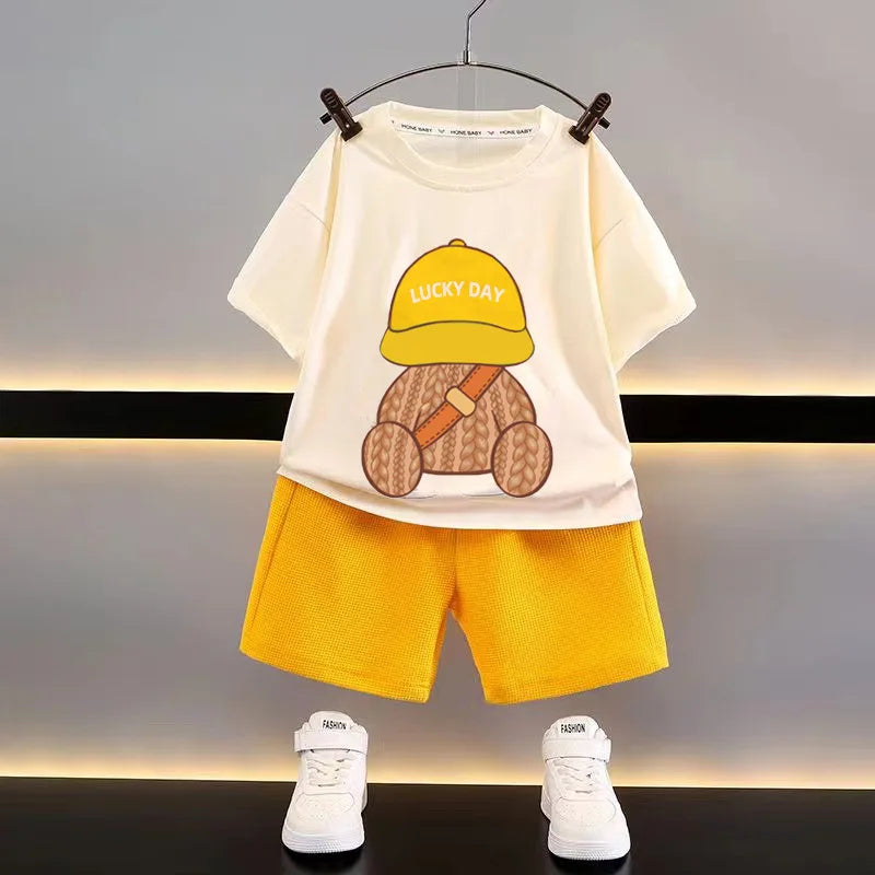 Korean Children Summer Sets Girl Boy Short Sleeved Shorts Suit Child Clothing Fashion Tee Soild Color Pant Outfits Kids Costume