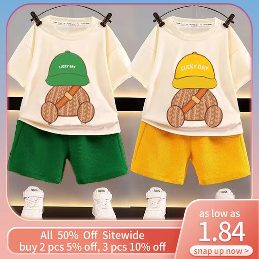 Korean Children Summer Sets Girl Boy Short Sleeved Shorts Suit Child Clothing Fashion Tee Soild Color Pant Outfits Kids Costume