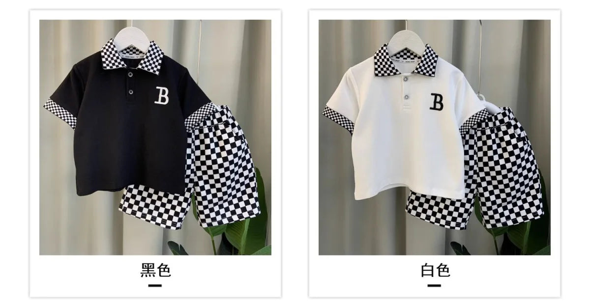 Summer Teenage Boy Clothes Set Cartoon Plaid Short Sleeve Lapel Shirts and Shorts Suit Children's Boys Top and Bottom Streetwear