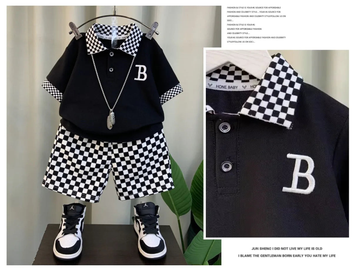 Summer Teenage Boy Clothes Set Cartoon Plaid Short Sleeve Lapel Shirts and Shorts Suit Children's Boys Top and Bottom Streetwear