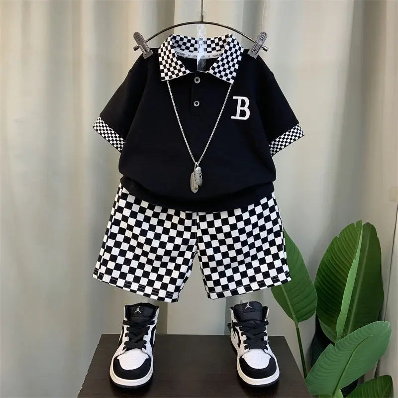Summer Teenage Boy Clothes Set Cartoon Plaid Short Sleeve Lapel Shirts and Shorts Suit Children's Boys Top and Bottom Streetwear