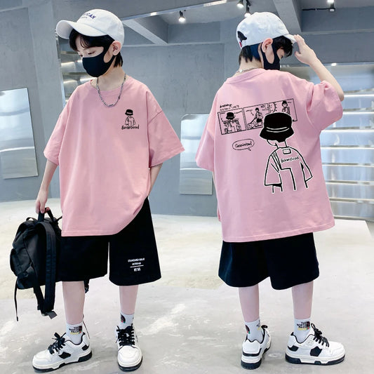 Spring Summer Children's Clothing Baby Short Sleeve Cotton Oversized T-shirt American Vintage Boys Print Tops 2025 Kids Clothes