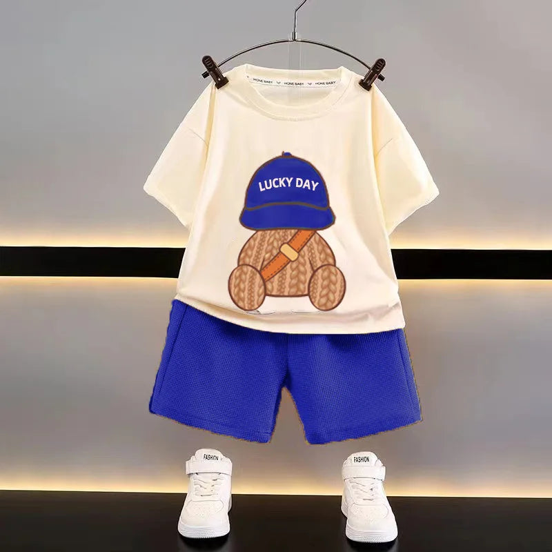 Korean Children Summer Sets Girl Boy Short Sleeved Shorts Suit Child Clothing Fashion Tee Soild Color Pant Outfits Kids Costume